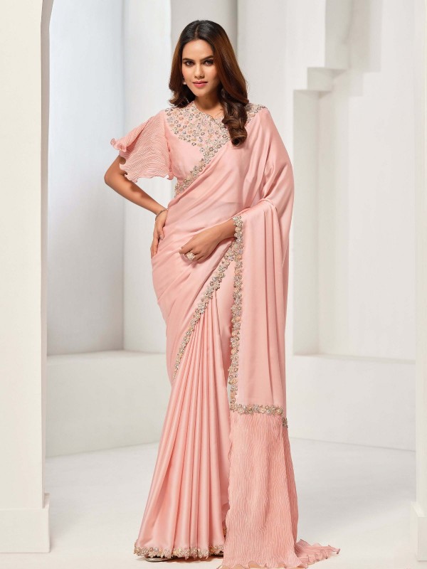 Light Peach Crepe Satin Silk Saree